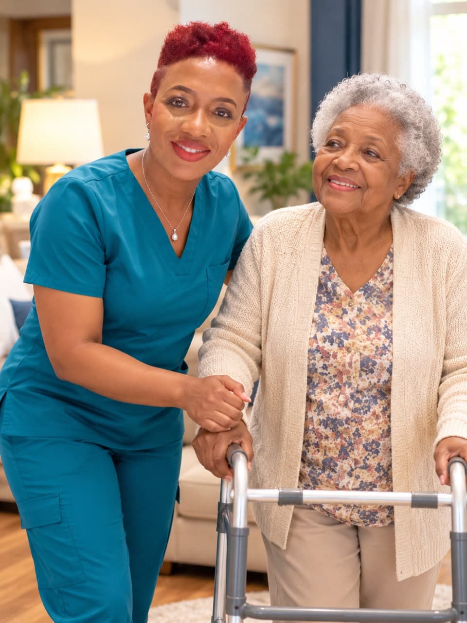 Sherline Jean walking beside a senior woman who is using a walker